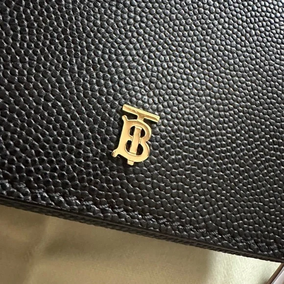 BURBERRY Grained Calfskin TB Compact Tri-Fold Wallet Black